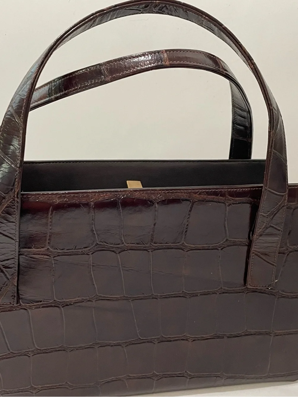 Vintage 1950s Faux Alligator Embossed Structured Top Handle Handbag Brown